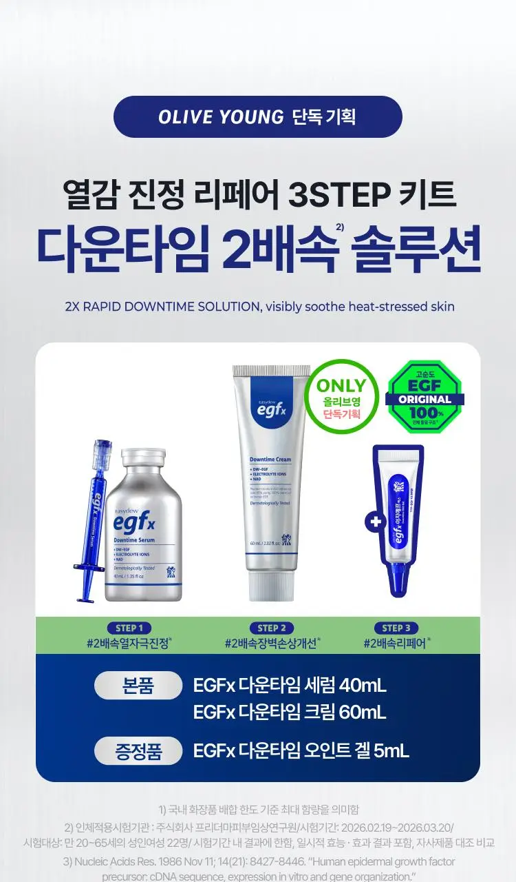 [진정+리페어+색소침착3종케어] 이지듀 EGFx 다운타임 3종 키트 (세럼 40ml+크림60ml+오인트겔5ml) 상세페이지 1